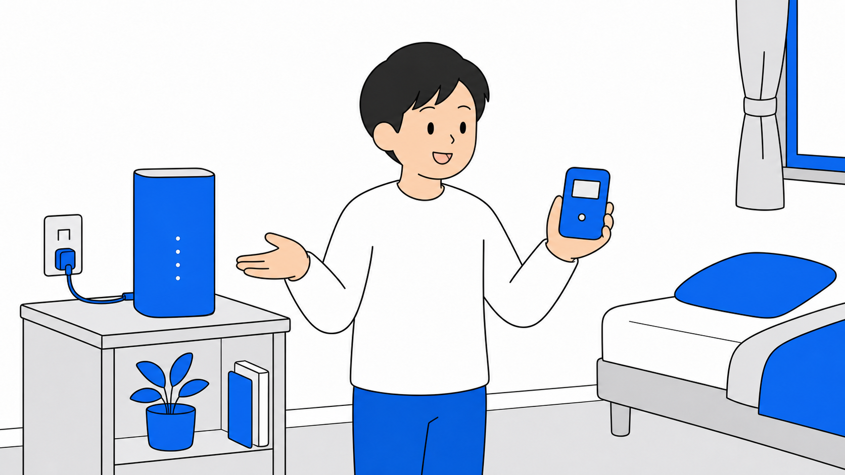 据え置きのホームルーターと、持ち運べるポケット型Wi-Fiを比べるイメージ