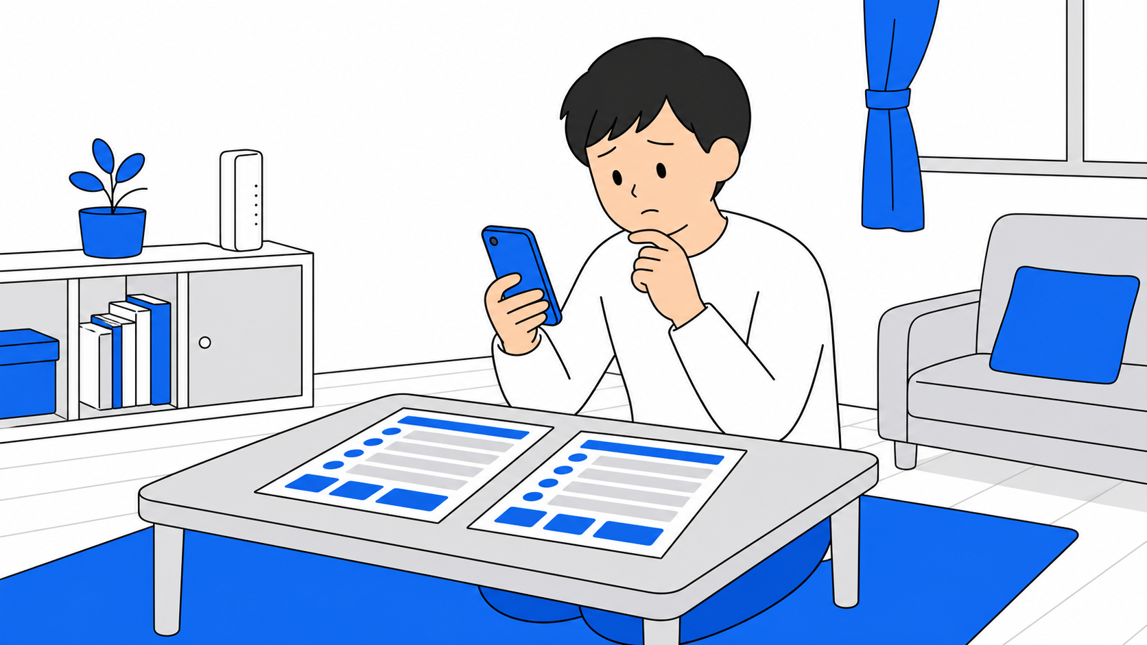 スマホを片手に、ahamo光とBIGLOBE光の料金表を見比べながら悩んでいる一人暮らしの人のイラスト