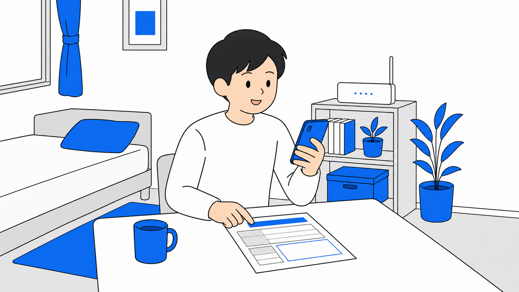 一人暮らしの部屋で、スマホの契約キャリアを確認しながら光回線の申込書を見ている人のイラスト