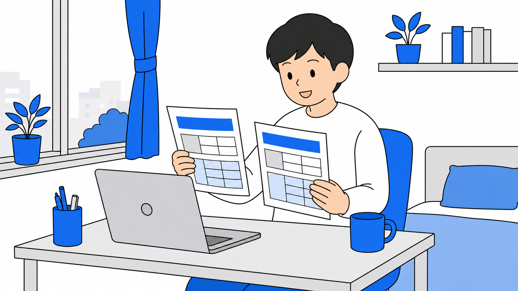 一人暮らしの部屋でノートパソコンを見ながら光回線の料金表を見比べている人のイラスト