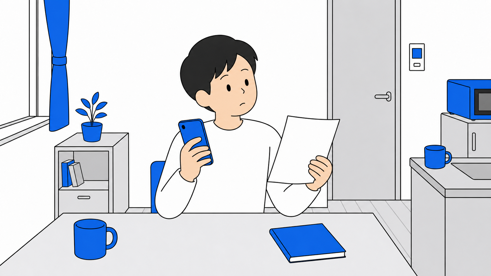 一人暮らしの部屋でスマートフォンと請求書を見比べながらセット割の条件を確認している人のイラスト