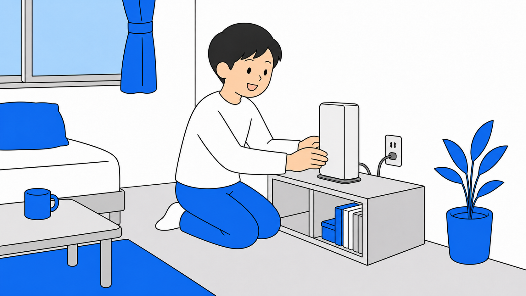 一人暮らしの部屋でホームルーターを設置するイメージ