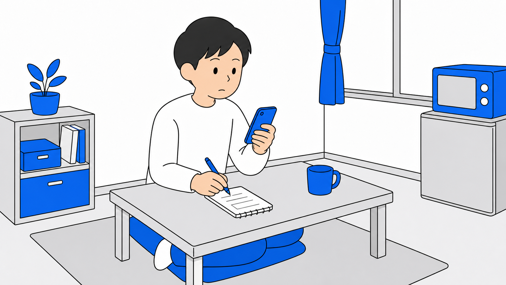 スマホで解約の手続きを確認しながら、契約解除料や工事費の残債をメモしている一人暮らしの部屋のイラスト