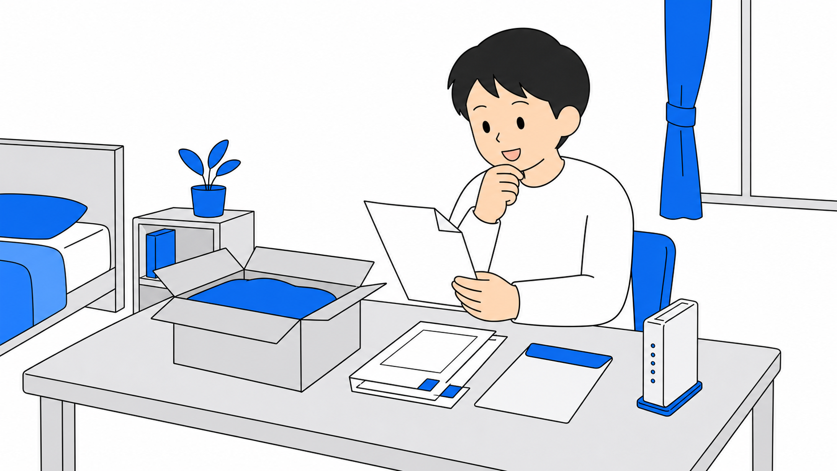 解約後に届いた機器の回収キットと契約書類を並べて、返却先を確認している人のイラスト
