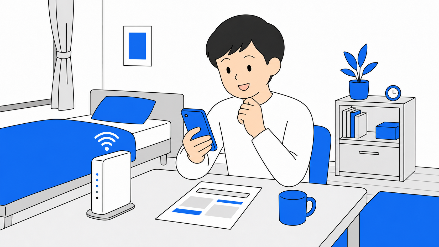 一人暮らしの部屋でスマホとネットのセット割を確認しているイメージ