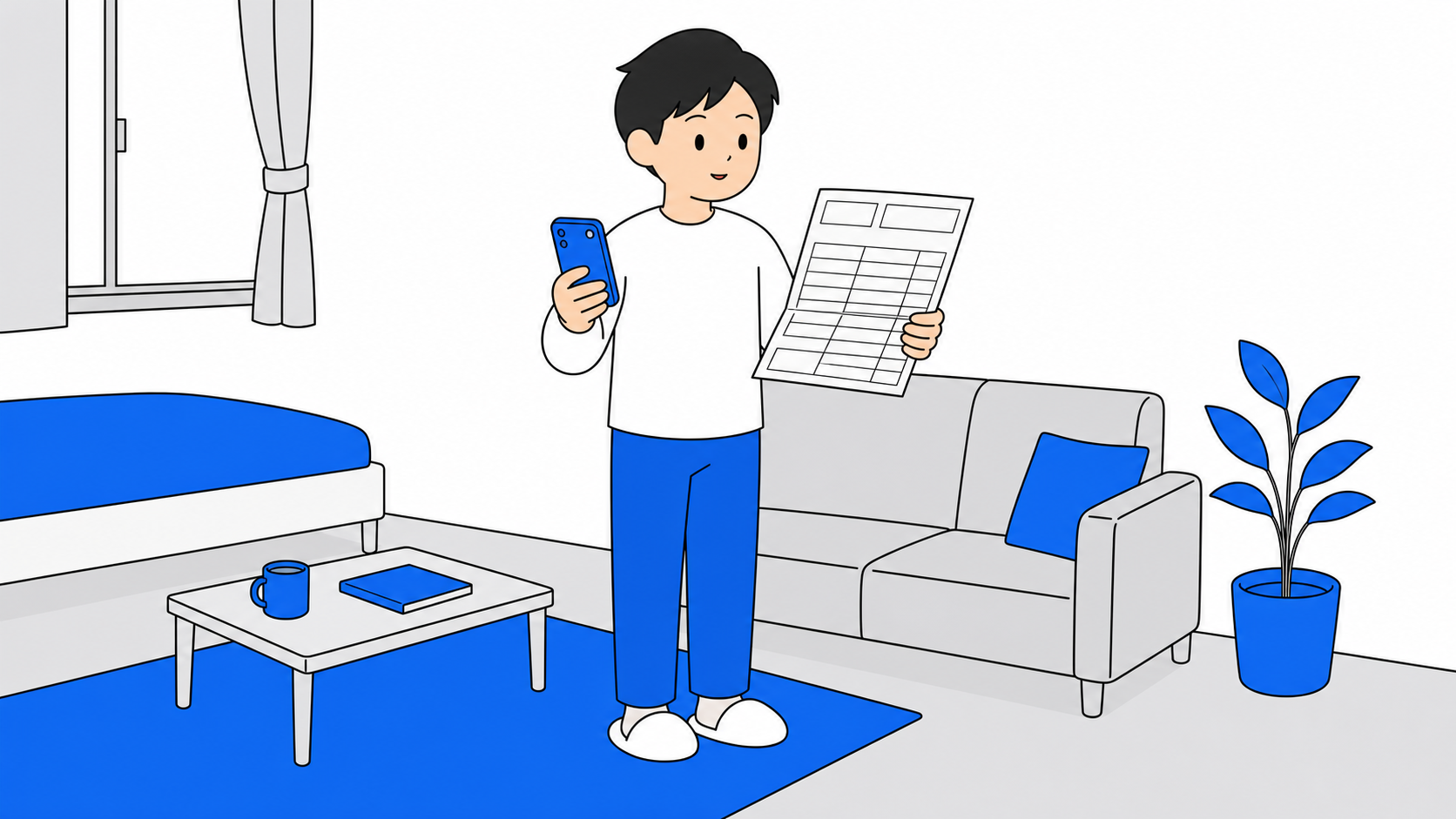 一人暮らしの部屋でスマホと光回線の料金を見比べているイメージ