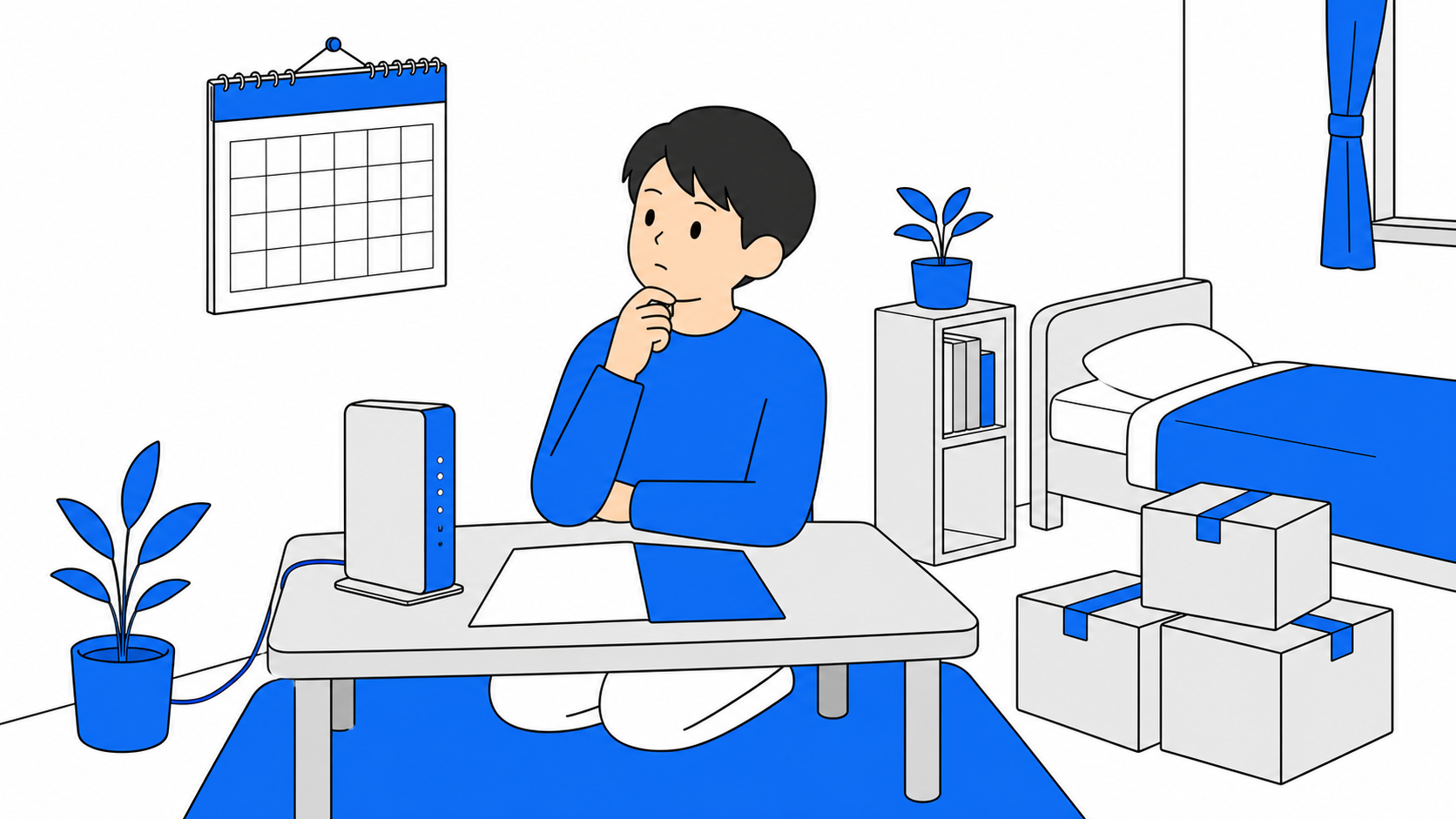 引っ越しの予定と光回線の契約期間を照らし合わせて考えている人のイラスト