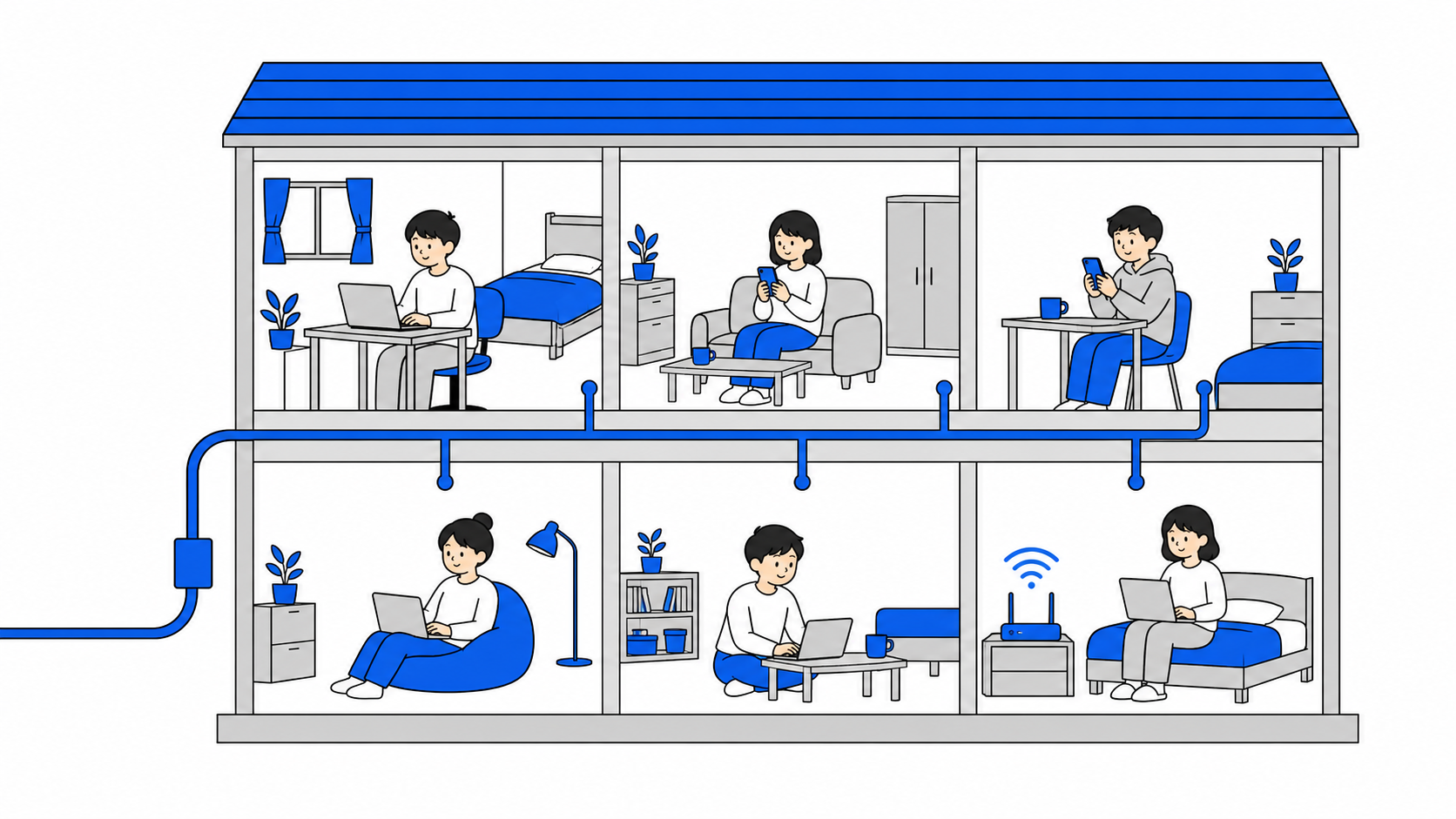 賃貸の無料Wi-Fiが建物内で共有される仕組みのイメージ