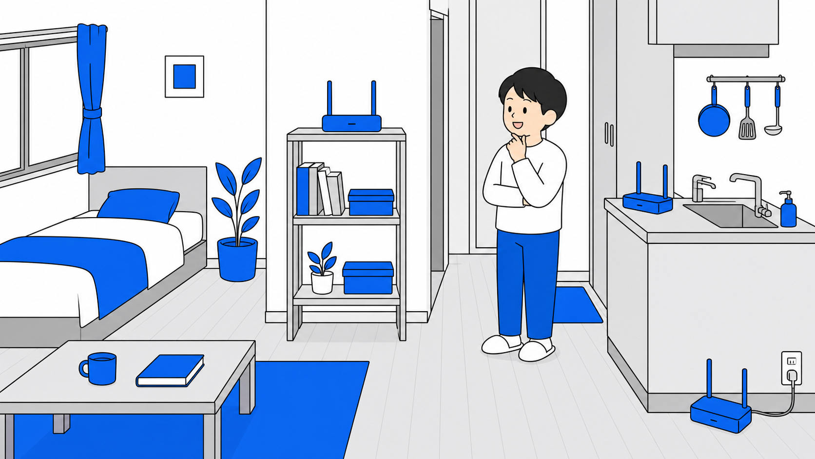 良い置き場所と悪い置き場所を比べたイラスト（中央・高い位置と床直置き・水回り）