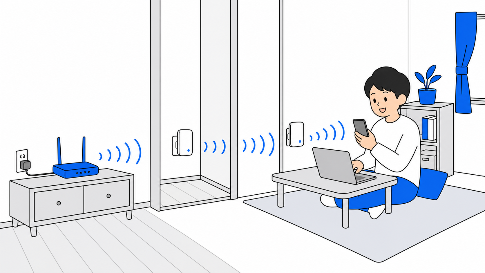 中継機・メッシュWi-Fiで離れた部屋まで電波を届ける仕組みの図