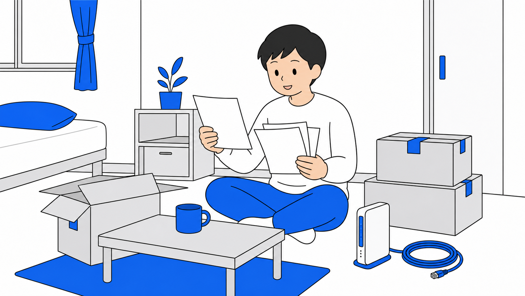引っ越しの段ボールとネット回線の書類を確認する人のイラスト