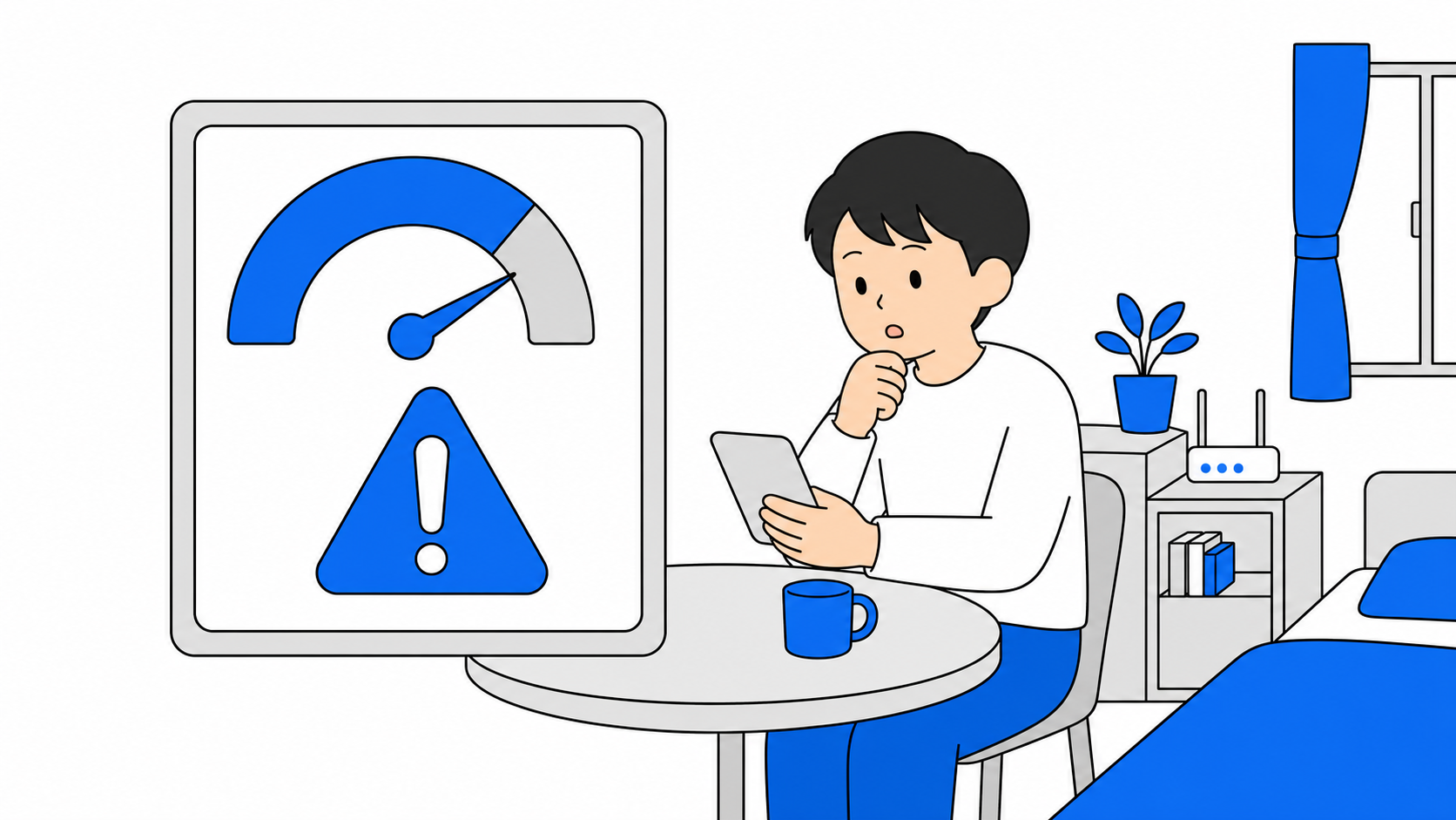 データ使用量のメーターと注意マークのイラスト