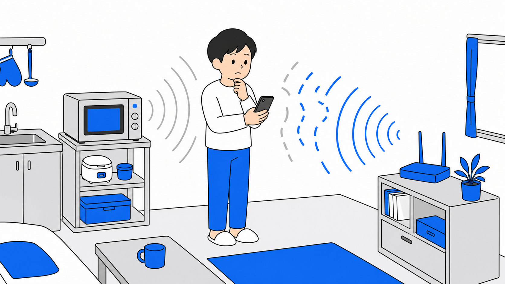 電子レンジの電波がWi-Fiに干渉する仕組みのイラスト