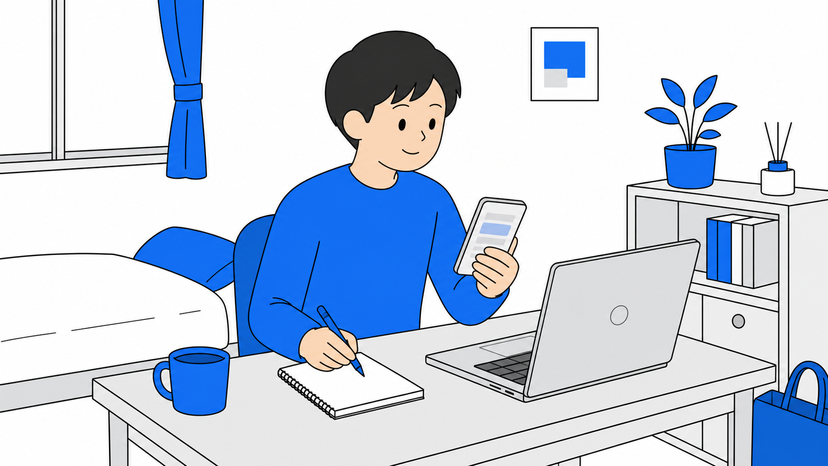 スマホとノートパソコンを前に、解約の手続き方法と費用を確認しながらメモを取っている人のイラスト