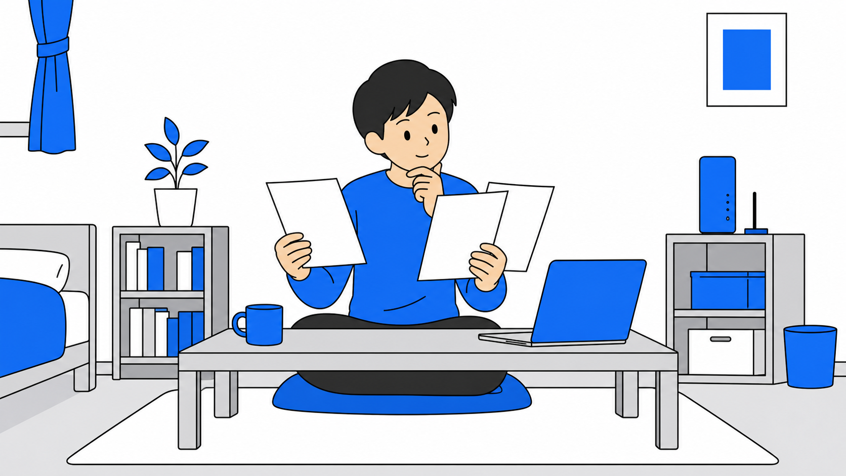 一人暮らしの部屋で光回線の契約書を見比べているイメージ
