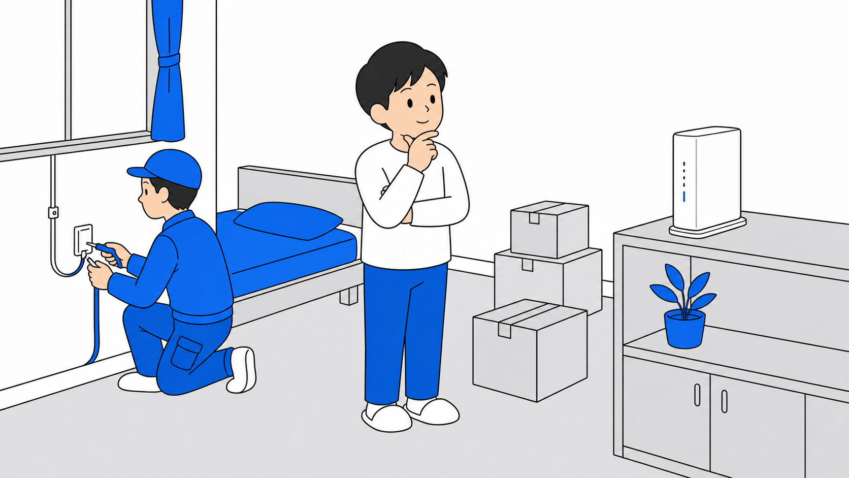 引っ越し先の部屋で光回線の工事とホームルーターの設置を見比べているイラスト