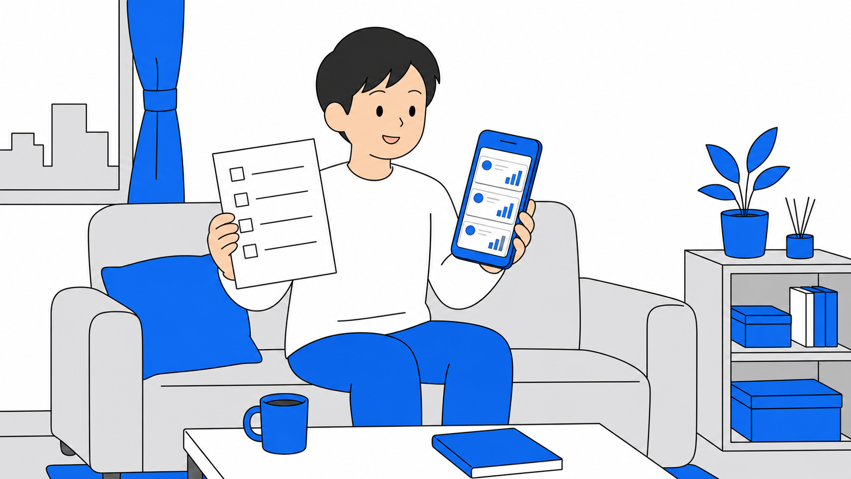 チェックリストを片手にスマホでネット回線を比較検討している一人暮らしの人のイラスト