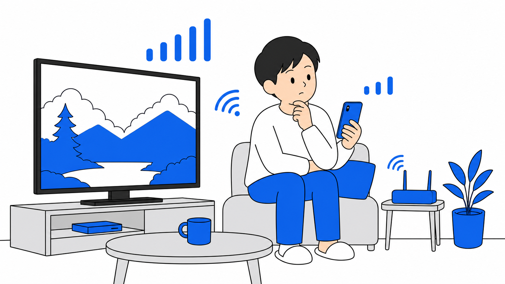テレビとスマホで画質ごとの速度を比べるイラスト