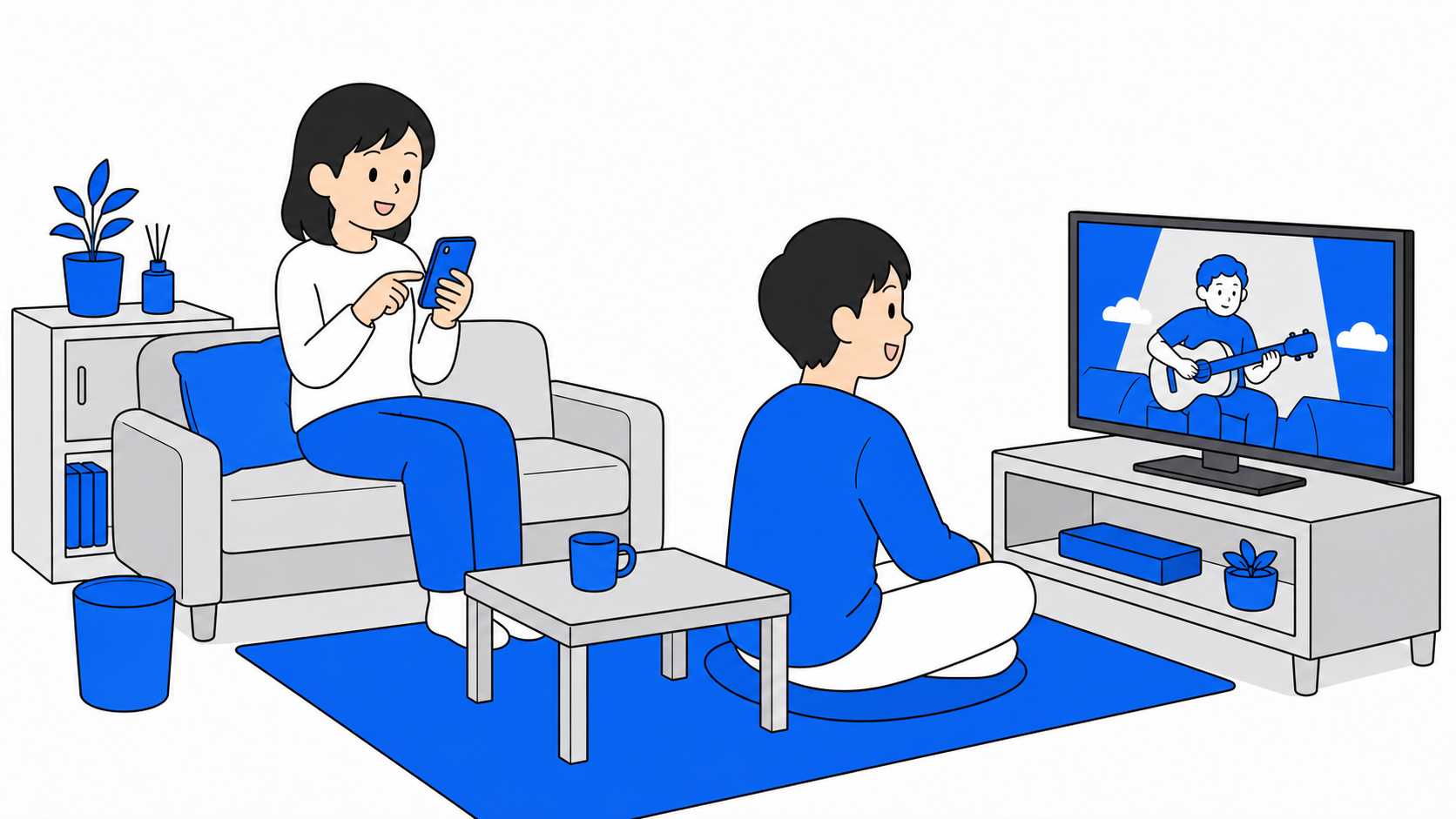 二人がそれぞれスマホとテレビでネットを使うイラスト