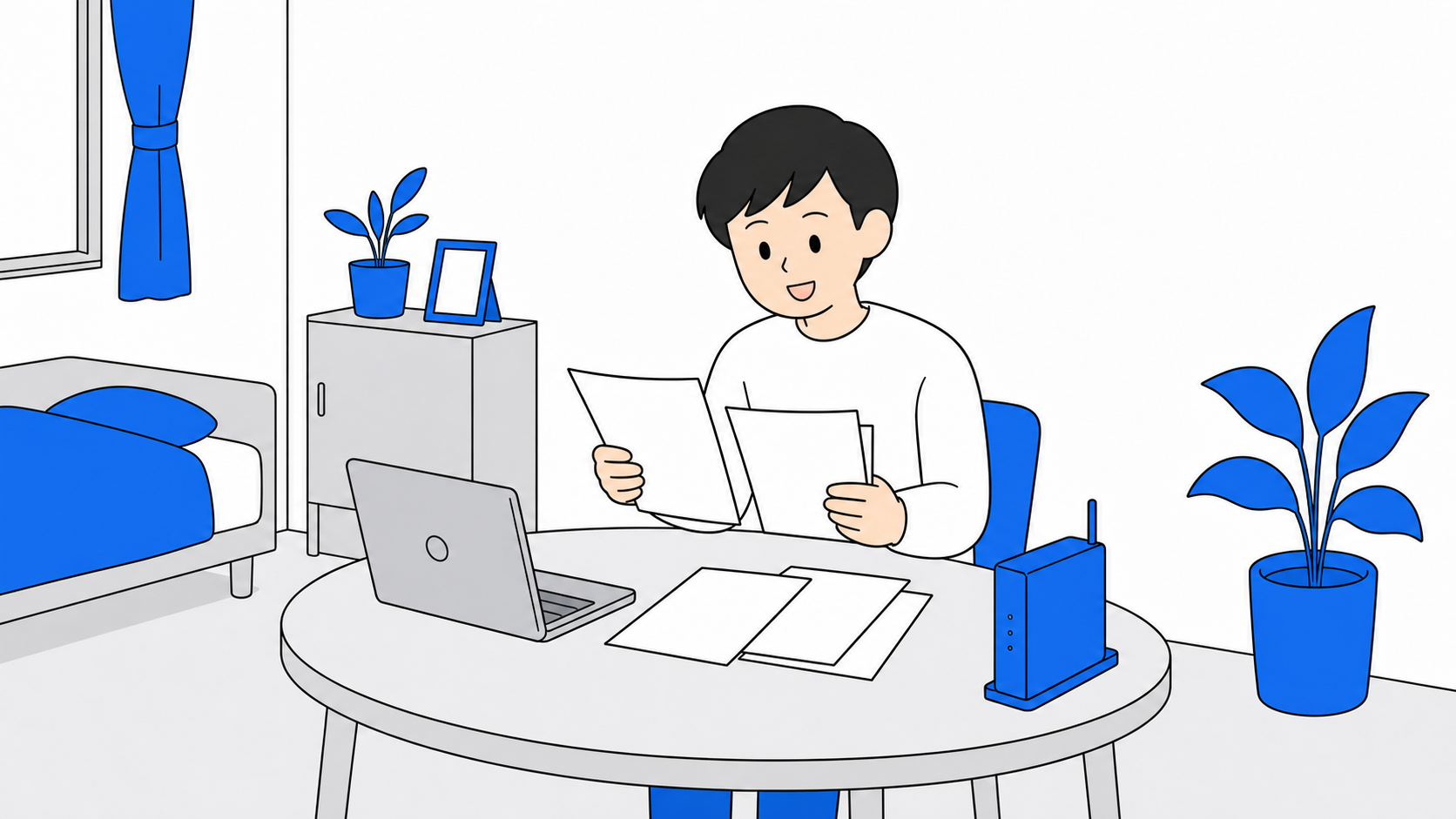 日本の部屋でネット回線の契約書類を確認しているイメージ