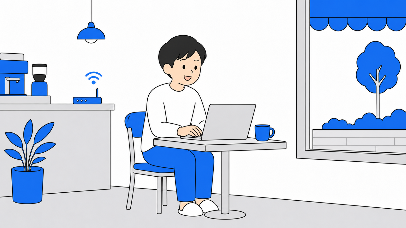 カフェでノートパソコンを開いて無料Wi-Fiを使う人のイラスト