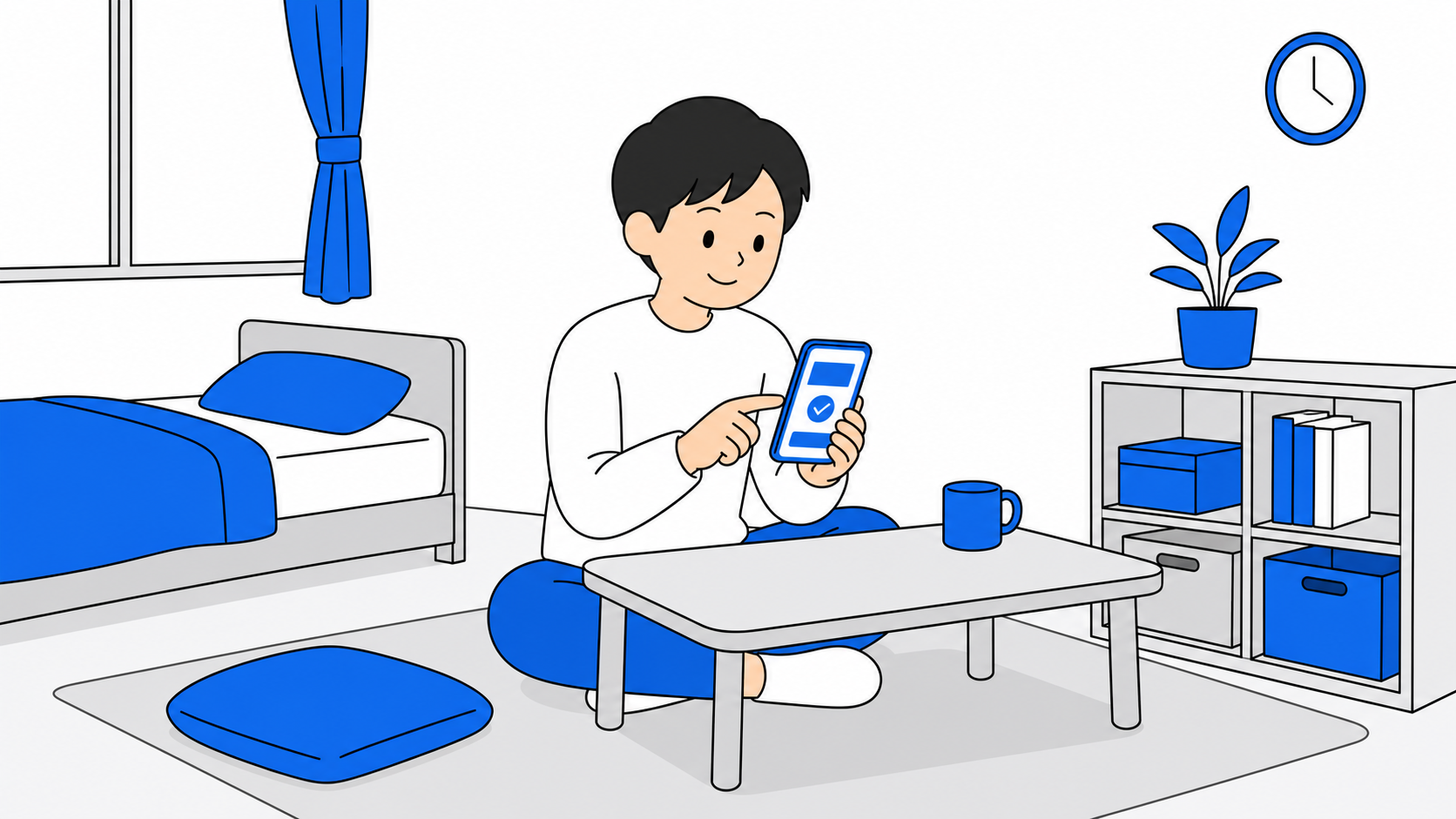 スマホで回線の申し込みをしている学生のイラスト