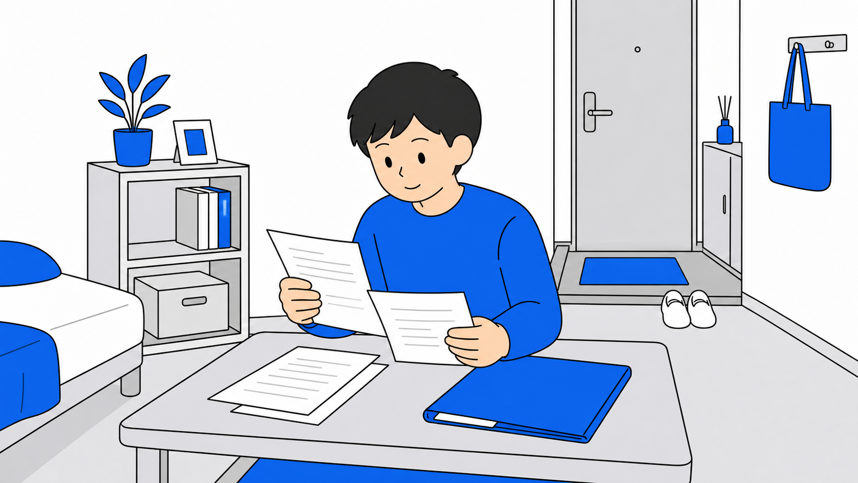 契約書類を確認している学生のイラスト