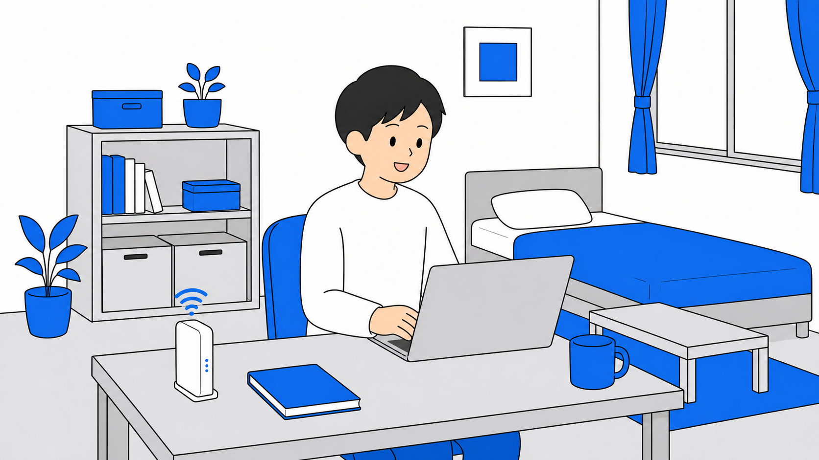 工事不要のWi-Fi端末を大学生の部屋で使うイメージ