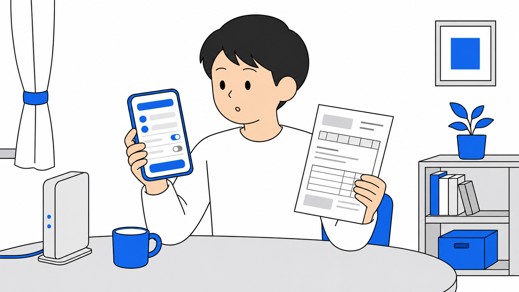 スマホの料金プランと光回線の請求書を見比べる一人暮らしの人のイメージ