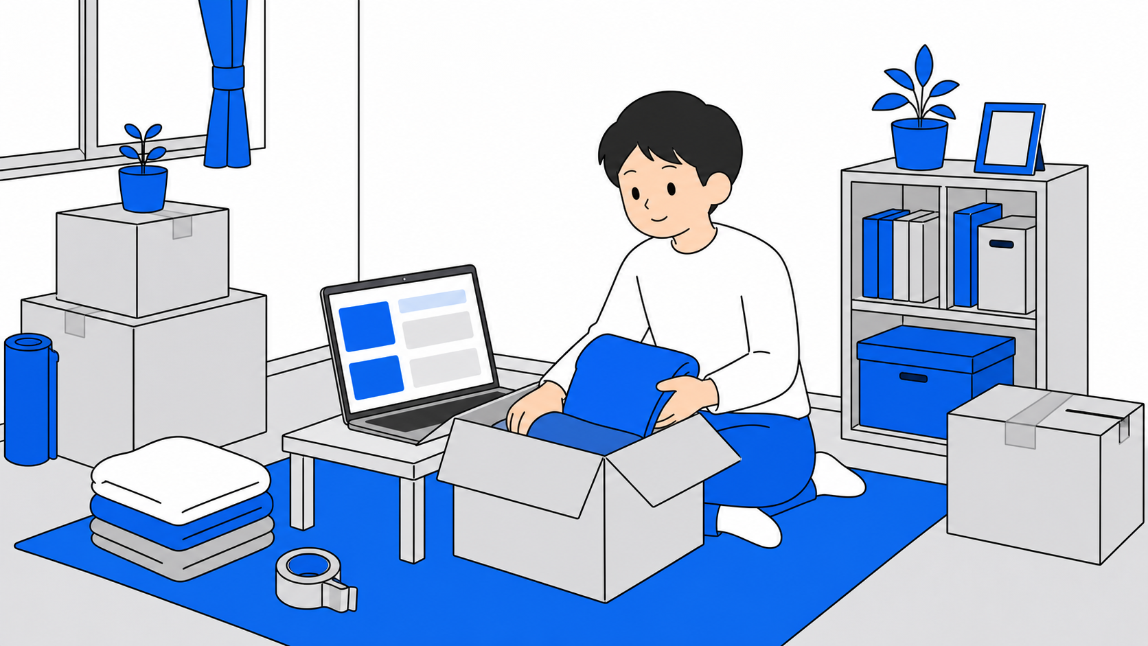 引っ越しの荷造りをしながらインターネット回線を検討する人のイメージ
