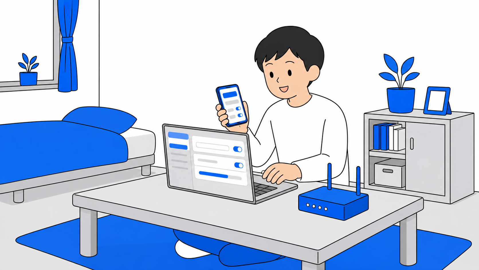 スマホやパソコンでルーターの設定画面を開くイラスト