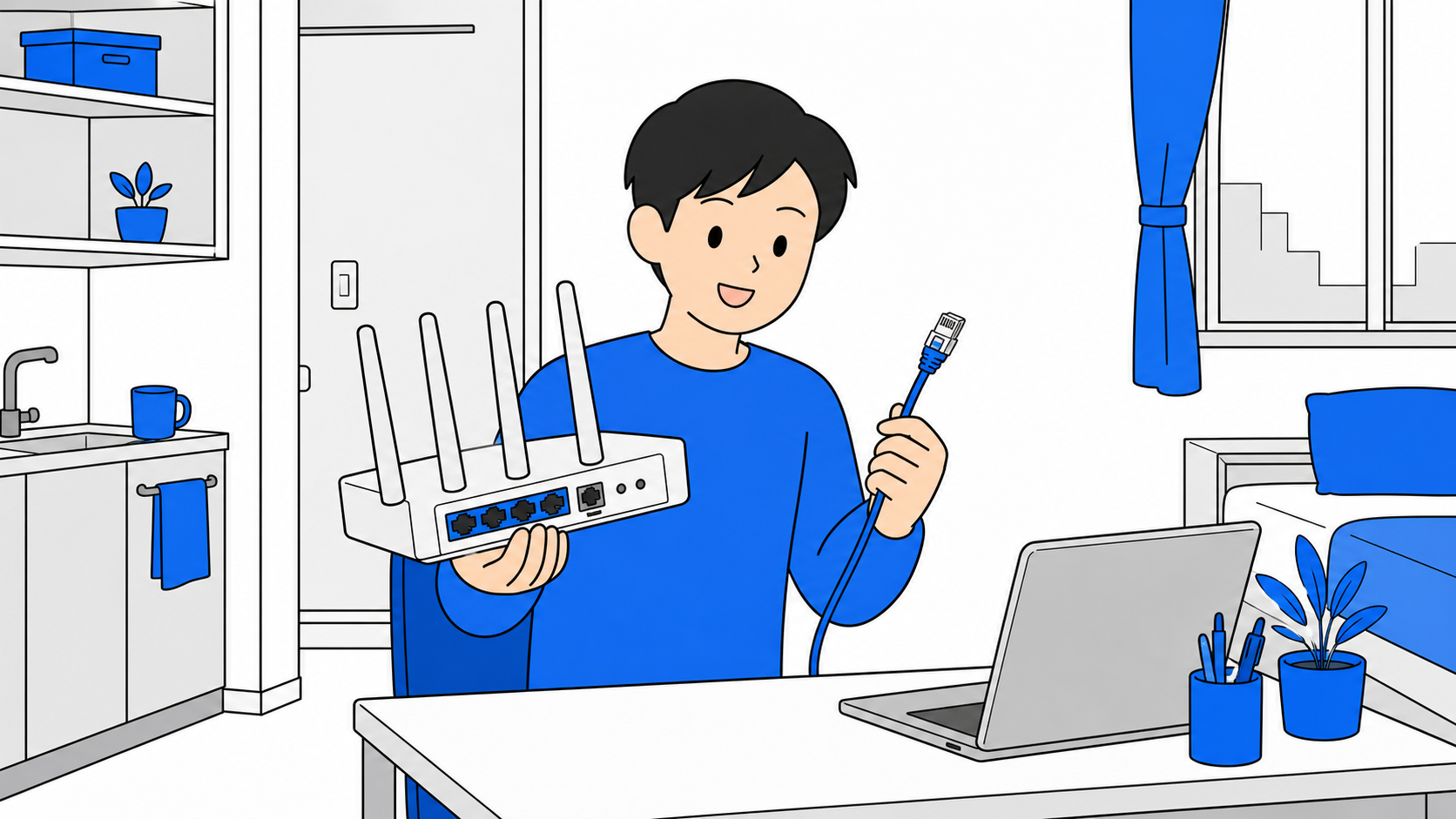 光10ギガ対応ルーターとCAT6A LANケーブルを確認する在宅ワーカーのイメージ