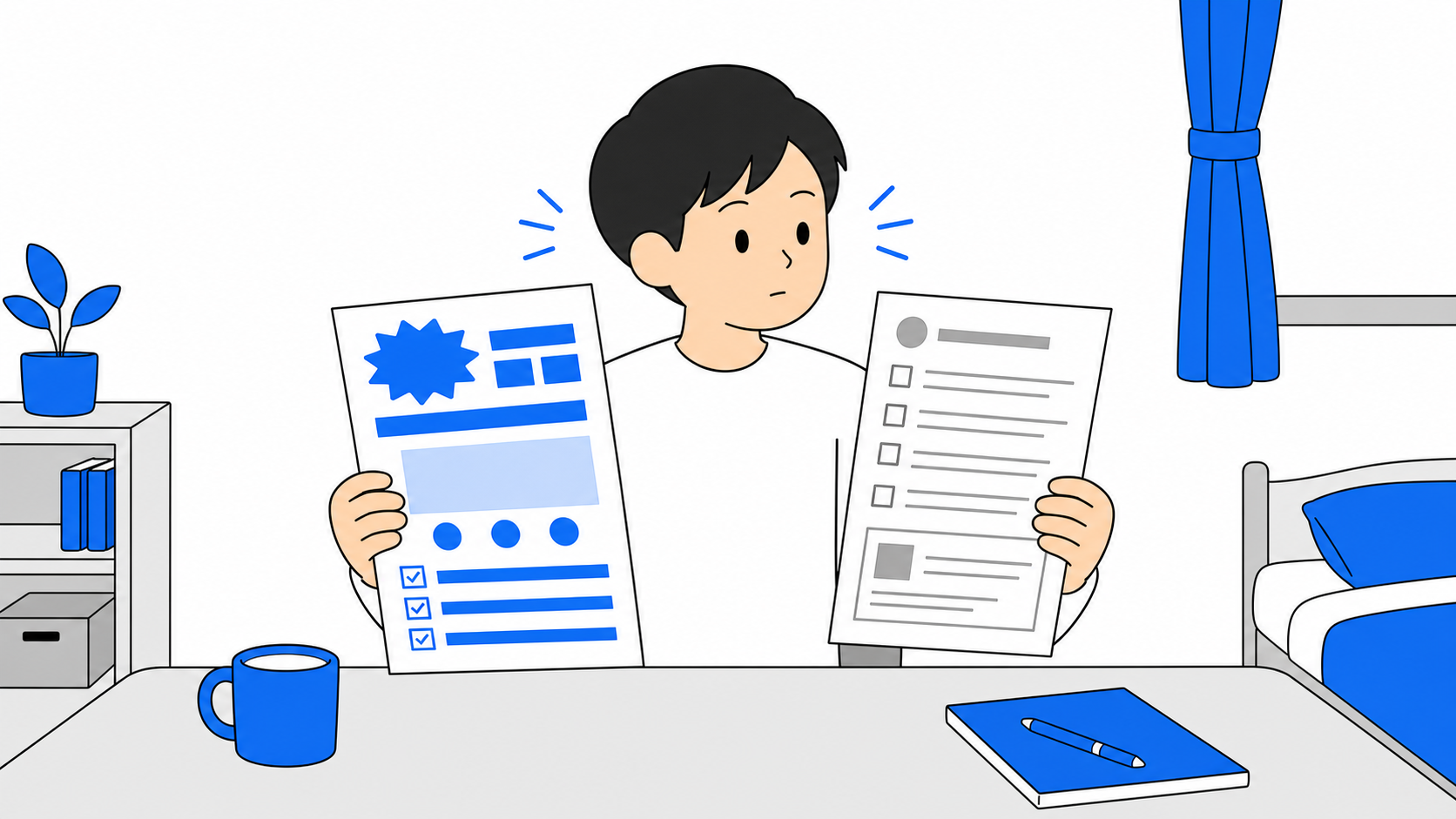 キャンペーンのチラシと契約書を見比べながら、受け取り条件をチェックしている人のイラスト