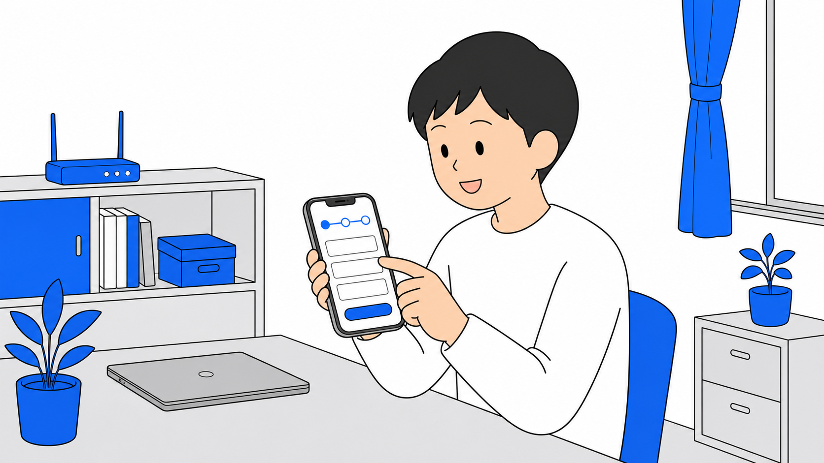 スマホでキャッシュバックの申請ページを開き、口座情報を登録している人のイラスト