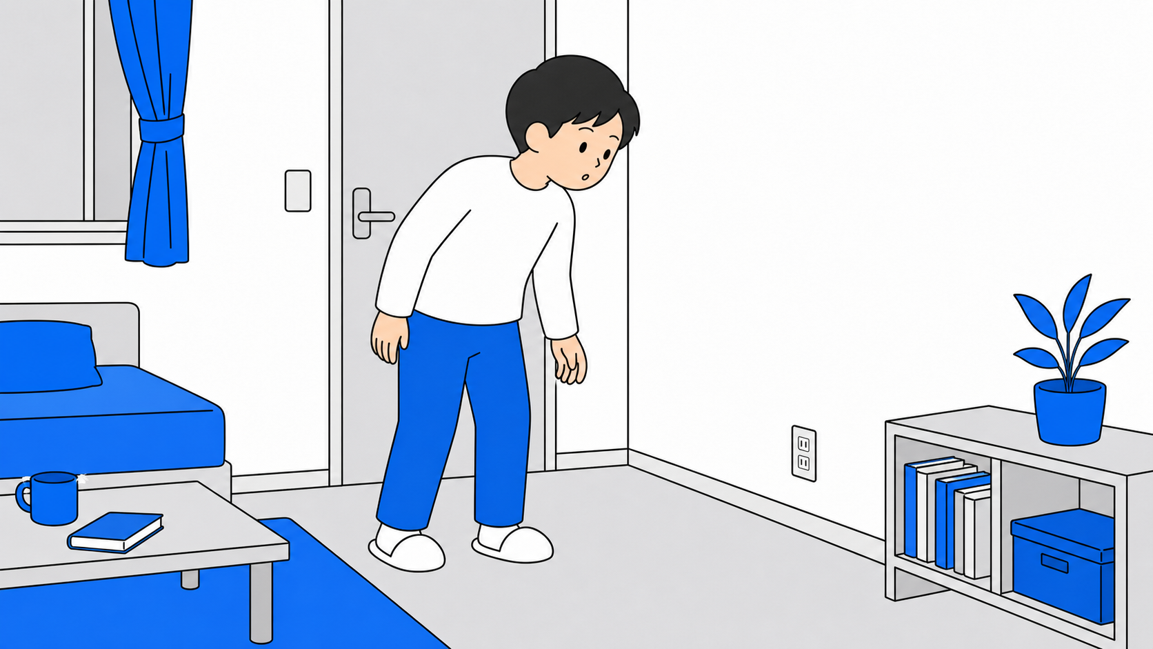 部屋の中を見回して差し込み口を探す人のイラスト