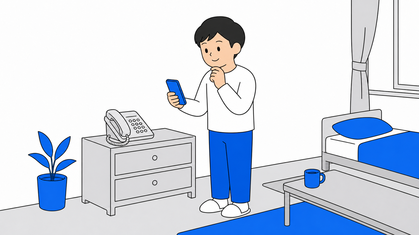 固定電話とスマホを見比べて考える人のイラスト
