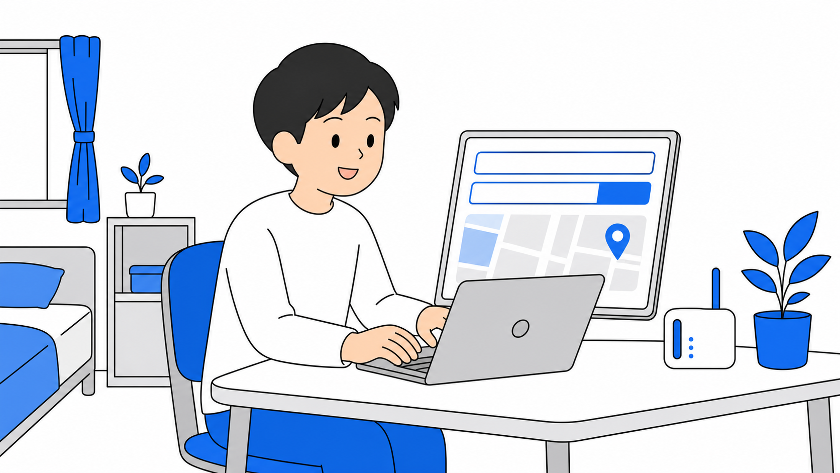 パソコンで住所を入力して光回線の提供エリアを調べている人のイラスト