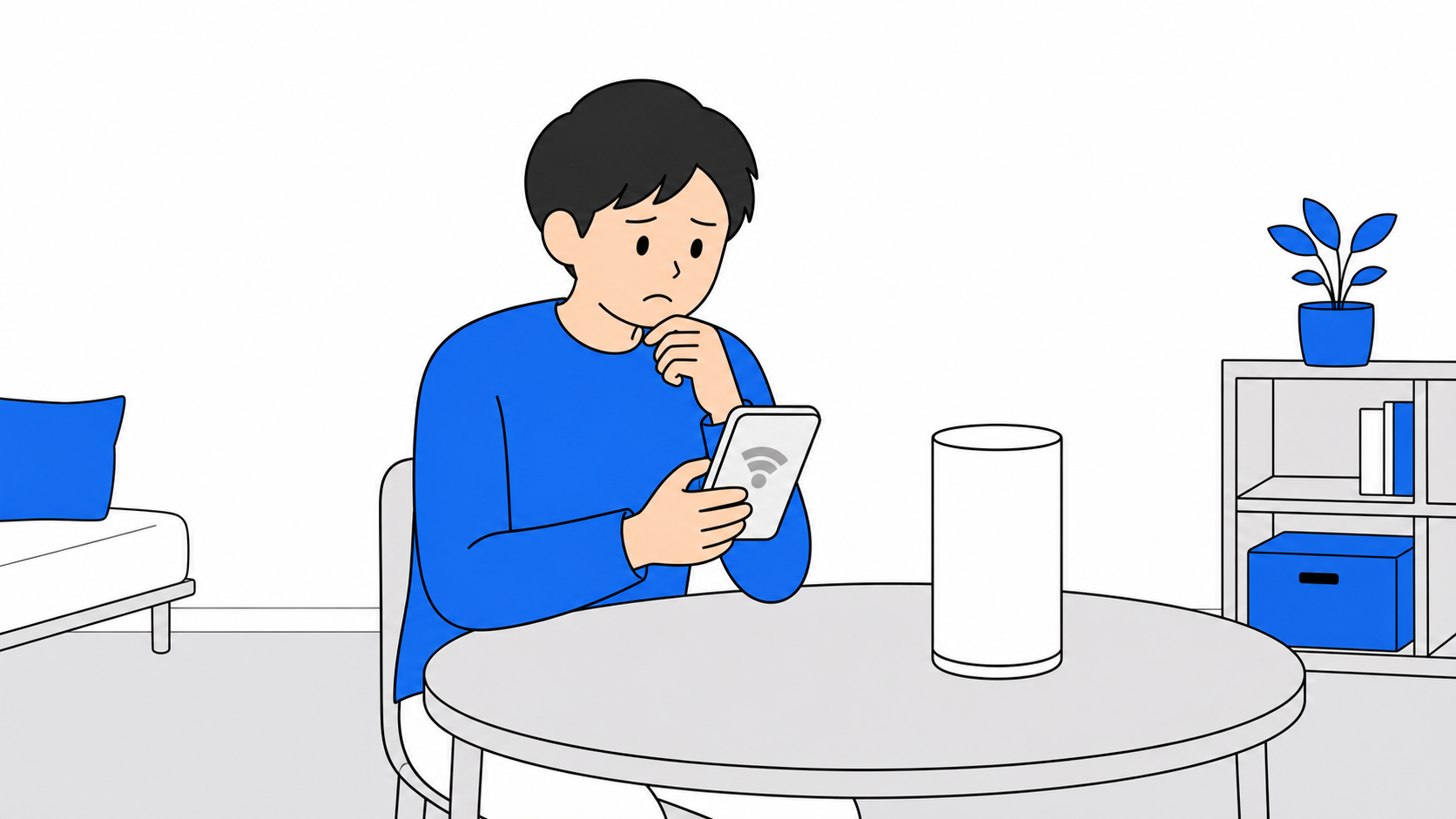 エリア外の表示を見てがっかりしつつ、工事不要のホームルーターを検討している人のイラスト