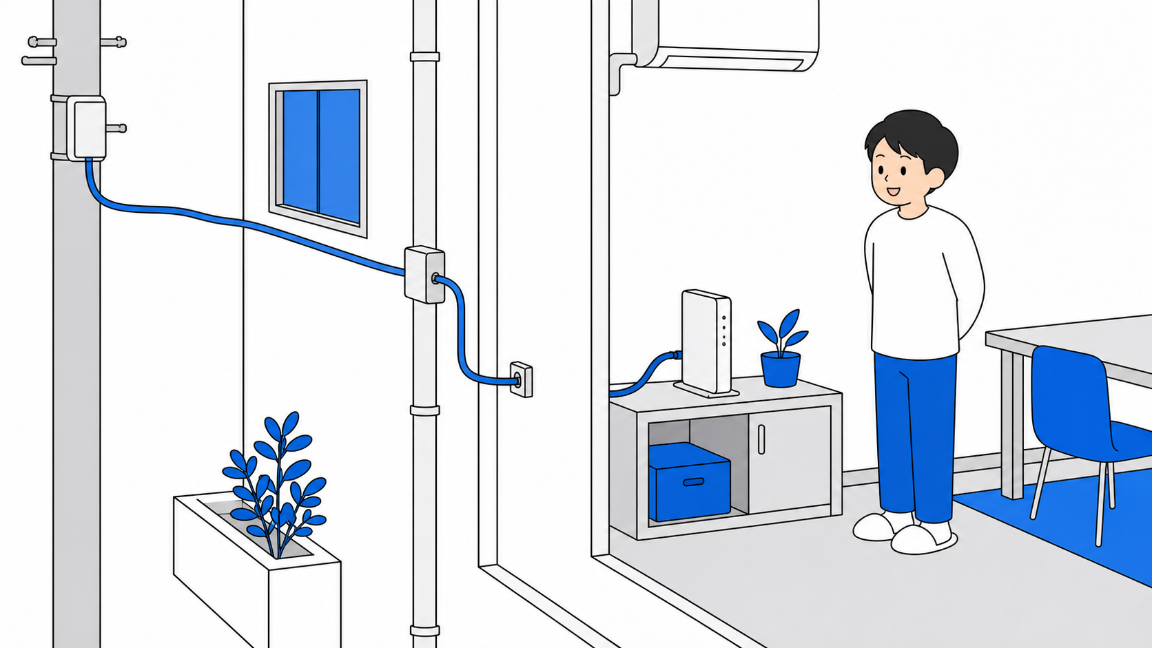 家まで光ファイバーを引き込む光回線のイメージ