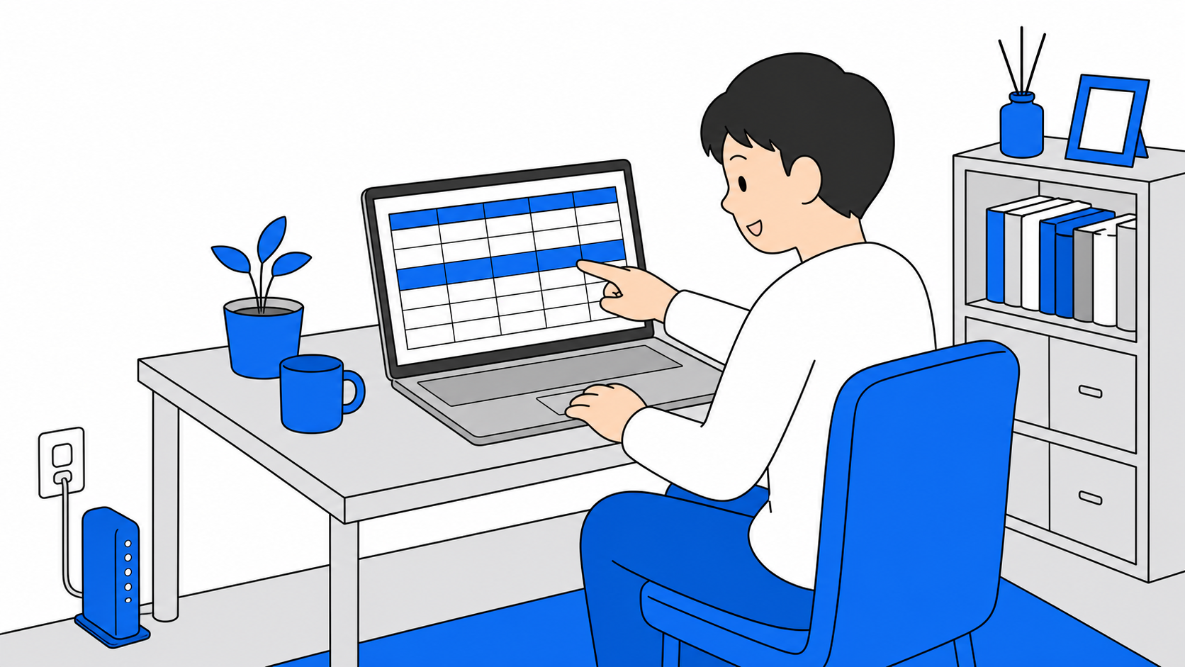 ノートパソコンで光回線の一覧表を見ながら、自分が契約している会社の行を指でたどって確認している人のイラスト