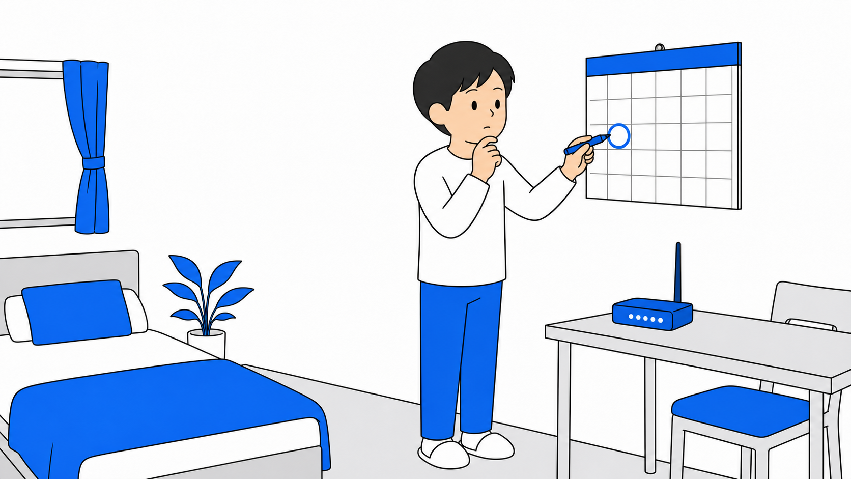 カレンダーに更新月のマークをつけながら、解約のタイミングを考えている人のイラスト