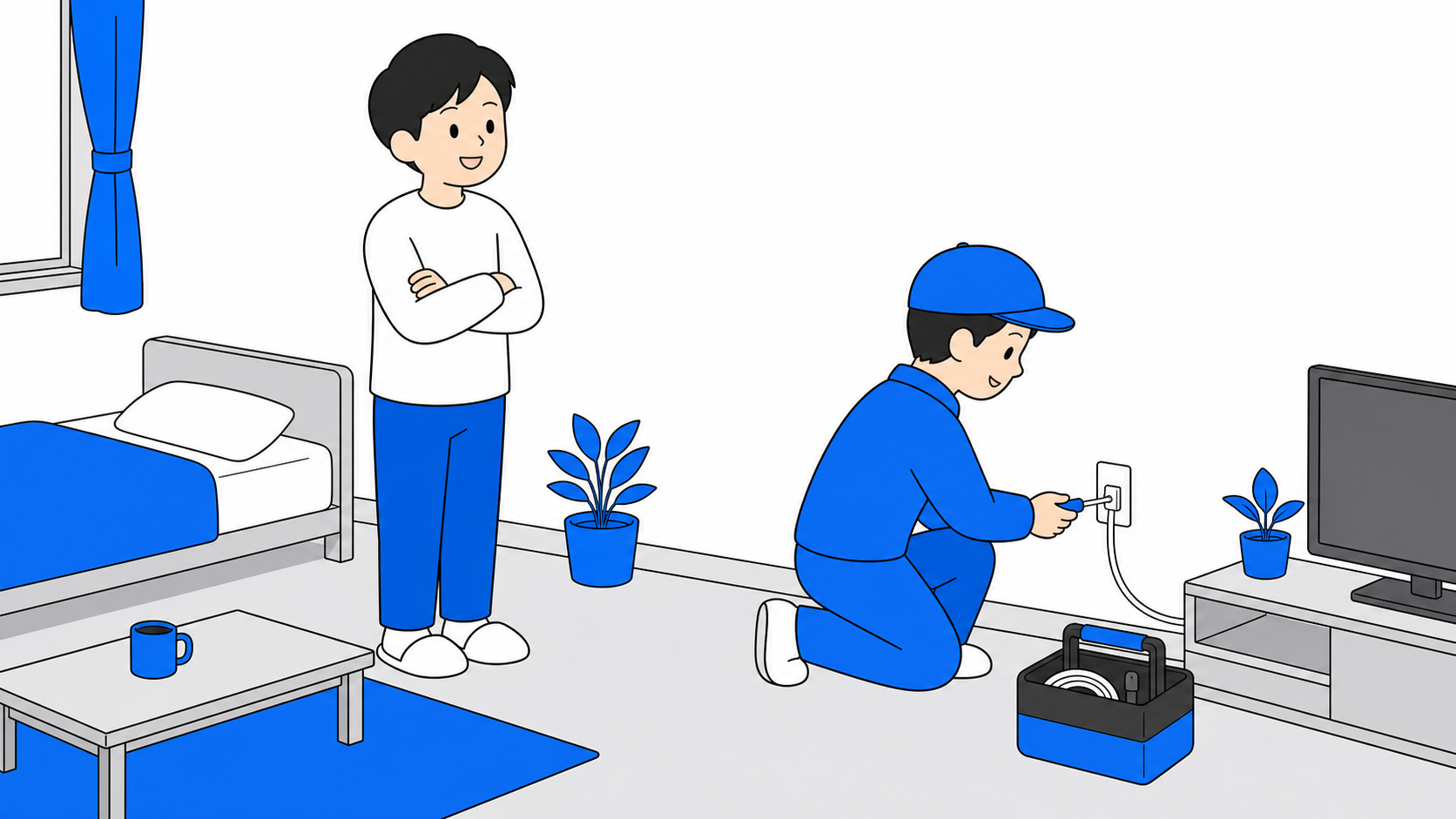 室内で立ち会いをしながら工事を見守る人のイラスト