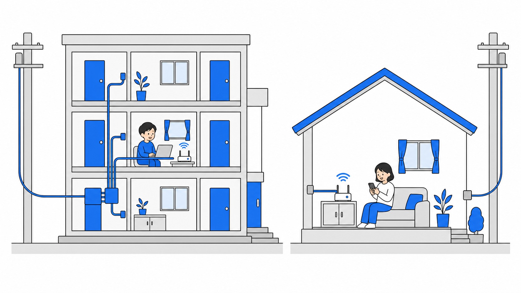 マンションと戸建ての光回線の仕組みを比べるイラスト