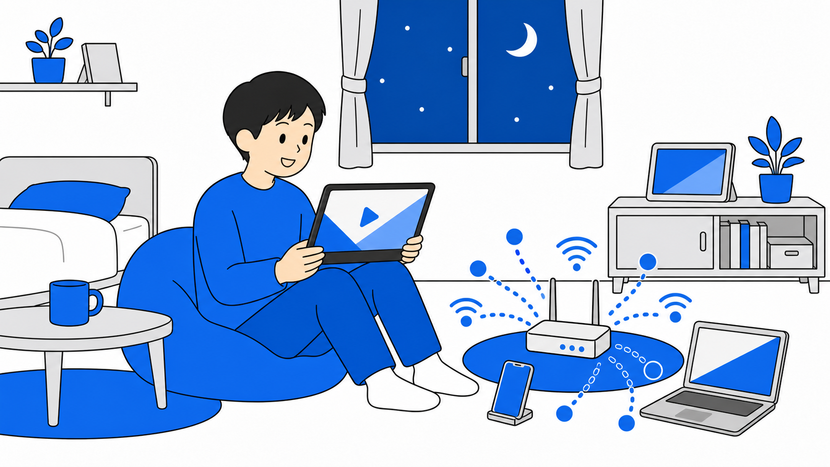 夜に動画を見る人と回線の混雑をイメージしたイラスト