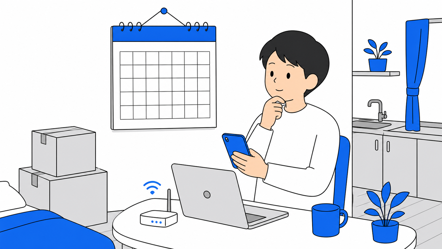 引っ越しシーズンのカレンダーを見ながらネットの申し込み時期を考えている人のイラスト