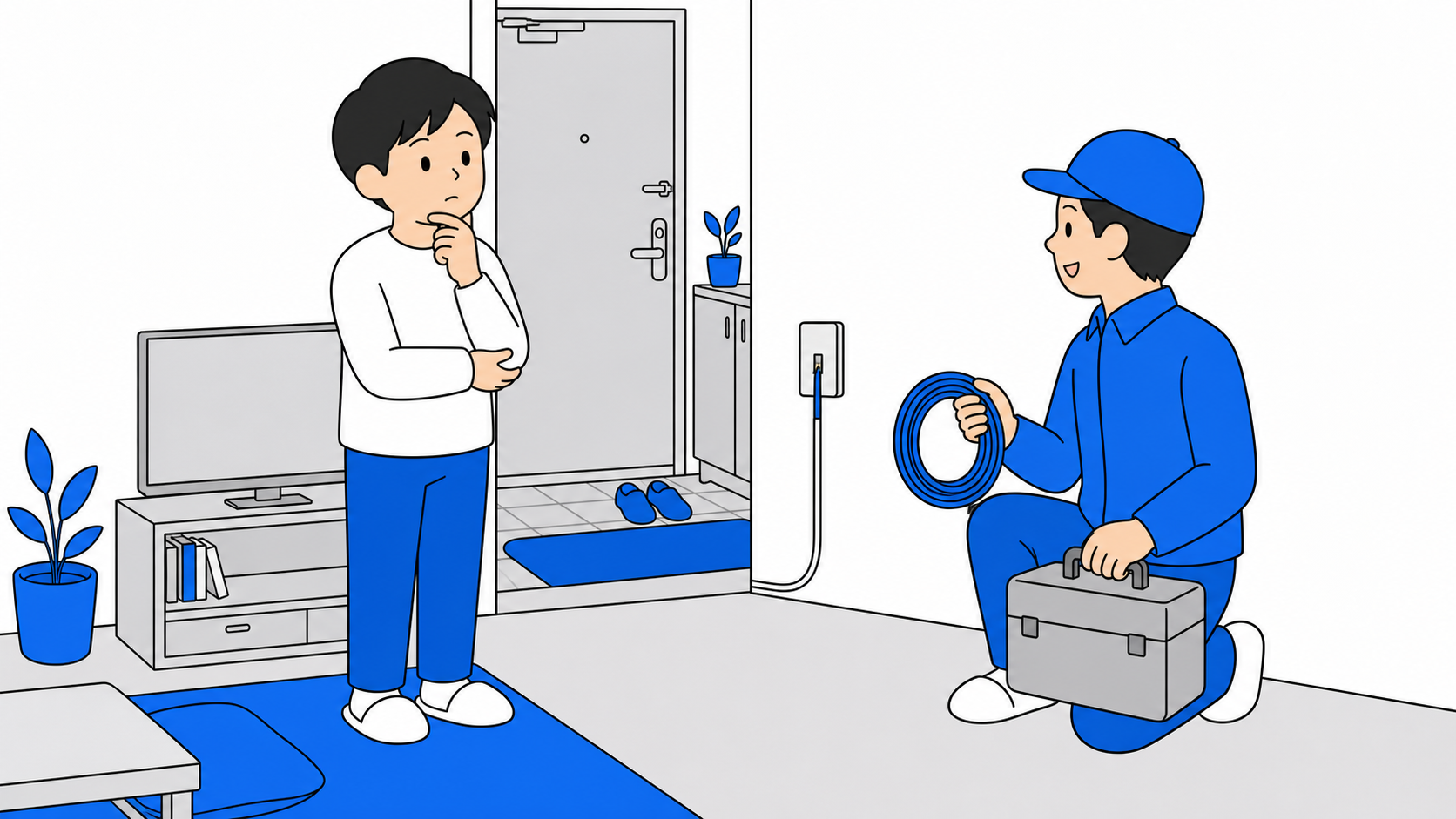 光回線の乗り換えで工事の要否を考えるイメージのイラスト