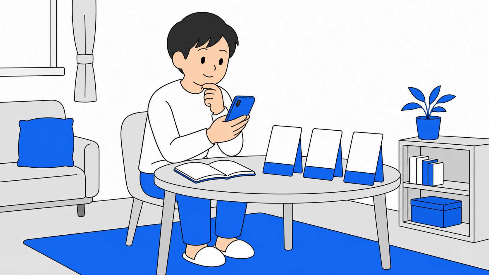スマホのキャリア別に乗り換え先を検討している人のイラスト