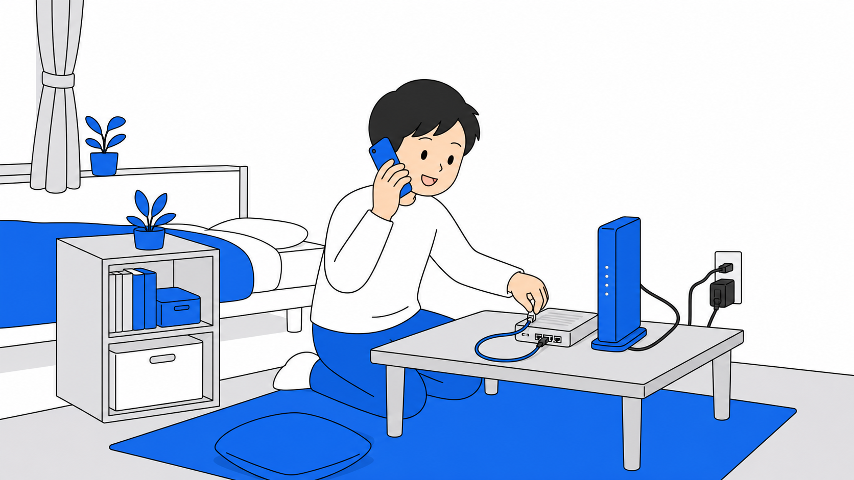 一人暮らしの部屋でルーターの配線を前に電話サポートに相談しながら設定している人のイラスト