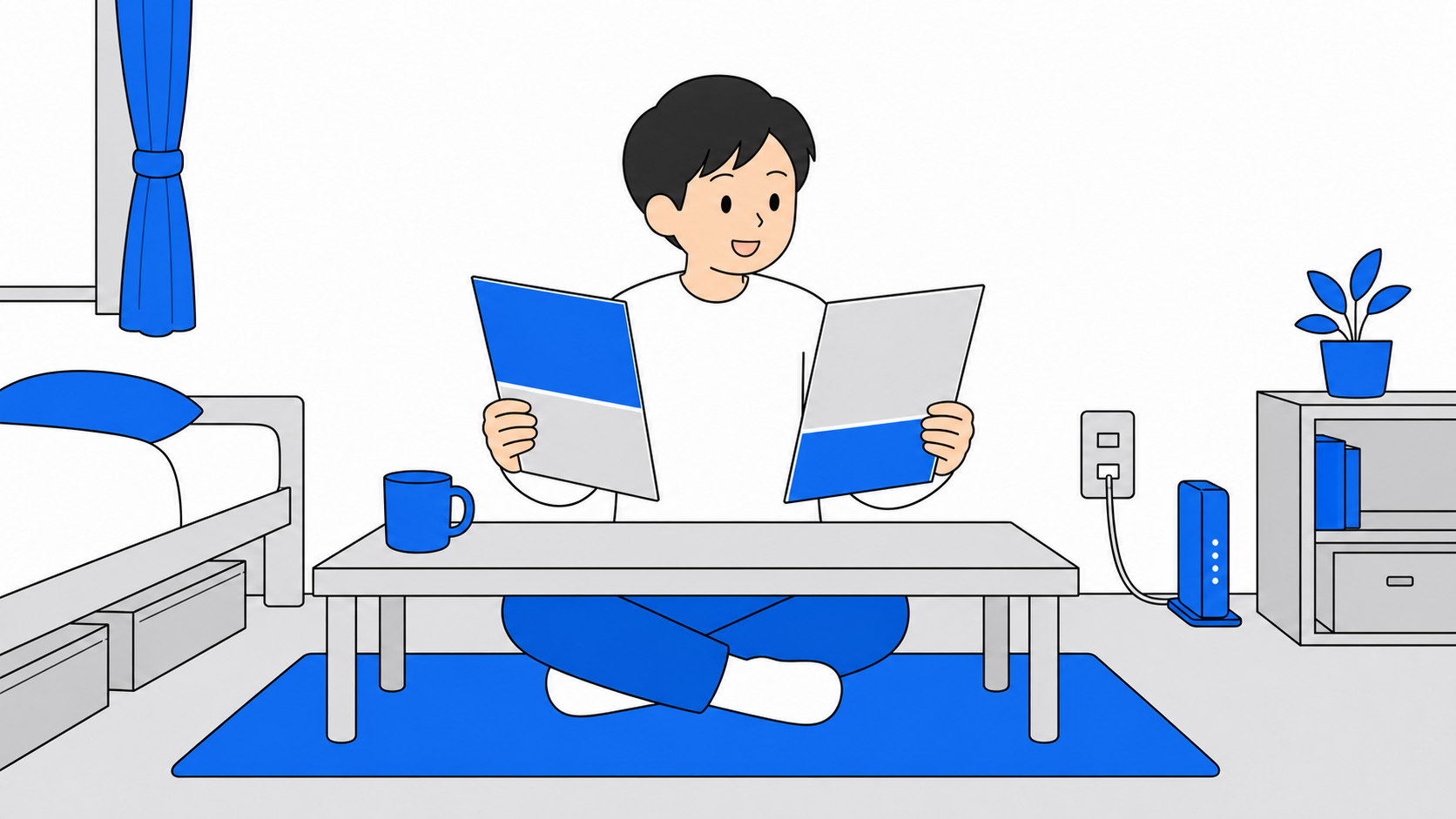 一人暮らしの部屋で2つの光回線のサポート窓口の案内を見比べている人のイラスト
