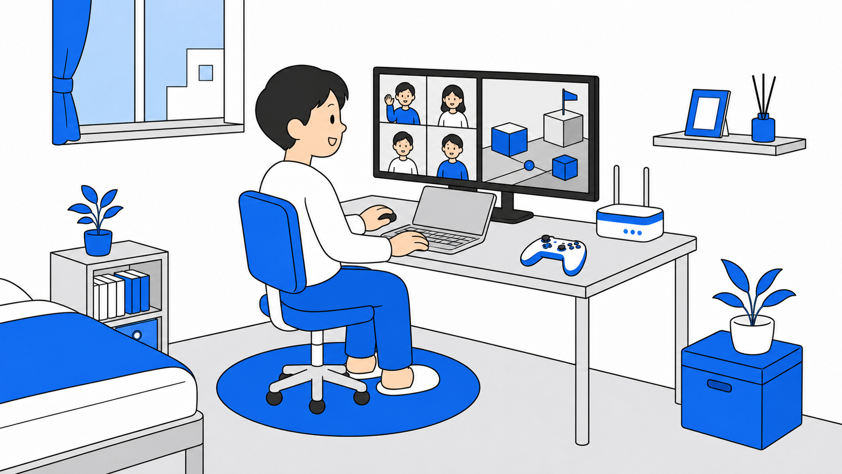 在宅ワークやオンラインゲームで光回線が向いている人のイラスト